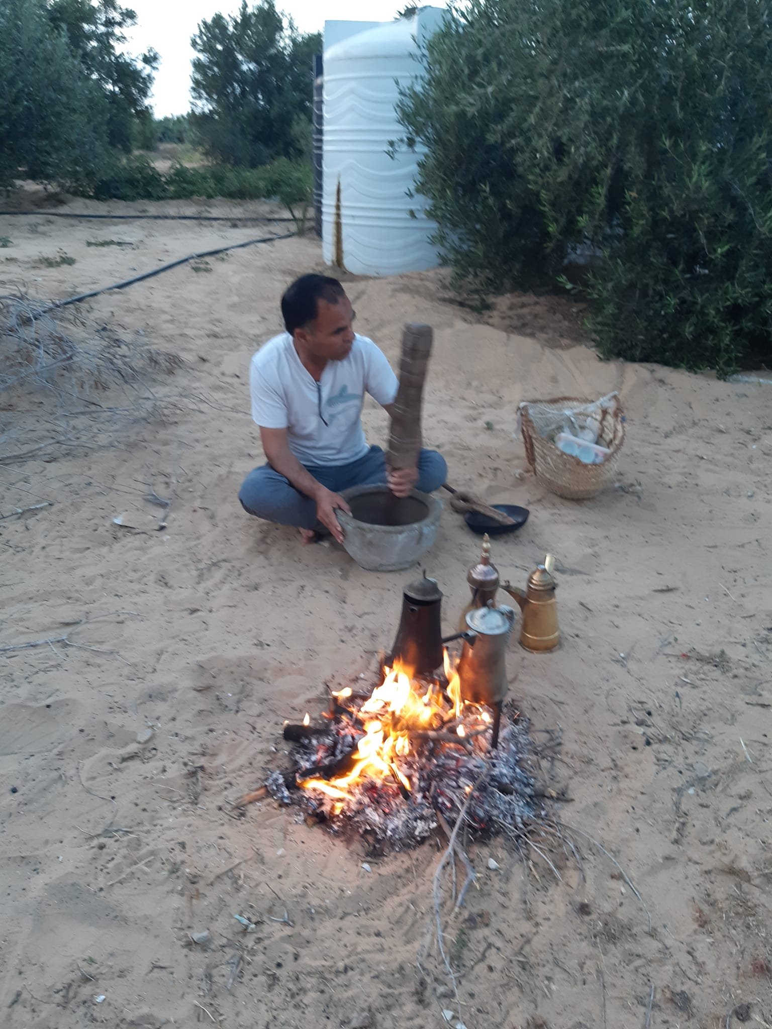 مصباح الرياشي أحد أبناء قبائل الشيخ زويد خلال طحن البن وتجهيزه للقهوة
